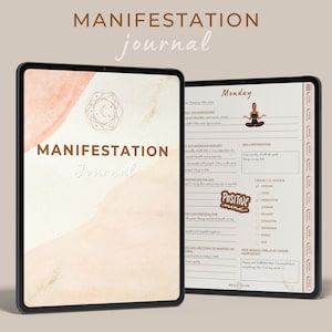 May include: A digital planner with a watercolor background and the text "MANIFESTATION Journal" on the cover. The planner includes daily prompts for gratitude, affirmations, and goal setting. The planner also includes a section for tracking positive thoughts and a section for daily affirmations.