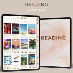 Puede incluir: Una aplicación de diario de lectura digital en la pantalla de una tableta. La aplicación tiene una sección "Mi biblioteca" con una cuadrícula de portadas de libros y un sistema de calificación. La tableta está abierta en una página con el título "READING Journal".