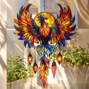Phoenix Bird ACRYLIC Stained Glass Suncatcher, Colorful Flame Window Hanging, Boho Sun Catcher Firebird Wall Art