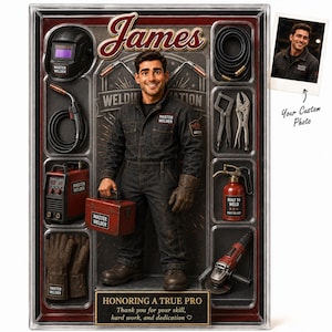May include: A custom action figure set in a display box featuring a male welder in dark coveralls, a welding helmet, a red toolbox, a welding machine, gloves, and tools. The packaging includes the text James, Master Welder, and Honoring A True Pro.