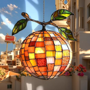 Orange Fruit Mosaic Suncatcher - Faux Stained Glass Citrus Window Decor - Fresh Kitchen Accent