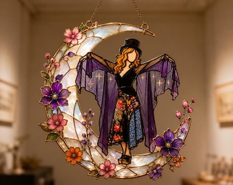 Stevie Nicks Moon Suncatcher, Fleetwood Mac Inspired Faux Stained Glass Art, Mystical Witchy Decor, Music Band Fan Gift