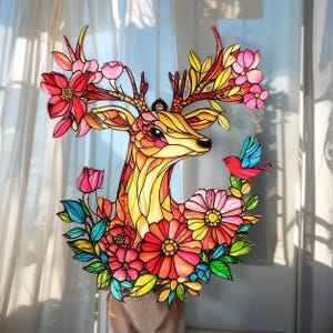 Deer Floral Acrylic Suncatcher - Vibrant Faux Stained Glass Window Hanging - Whimsical Animal Decor Gift for Nature Lovers