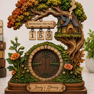 May include: A whimsical wooden bookshelf display with a tree design, a small house, and a round door. The display features the text "BOOKS READ THIS YEAR" above the numbers 159. The base reads "Jenny's Library".