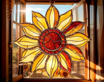 Zonnebloem raam Suncatcher, ACRYL imitatie glas-in-lood zomerdecor, acryl bloemsierkunst, helder cadeau-idee