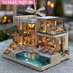 Luxury Pool House 2D FLAT ORNAMENT, Modern Home Christmas Ornament, Realtor Tree Gift, Dream Home Holiday Decor