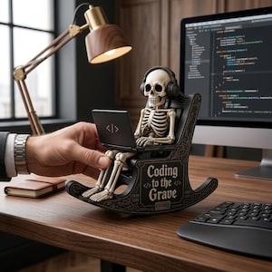 2D PRINTED Wooden Skeleton Coder Desk Decor, Coding to the Grave Rocking Chair Figurine, Funny Programmer Gift, Gothic Office Ornament