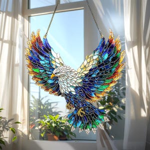 Blue Feathered Eagle Acrylic Suncatcher - Faux Stained Glass Window Hanging - Patriotic Animal Decor, Gift For Dad Or Nature Lover
