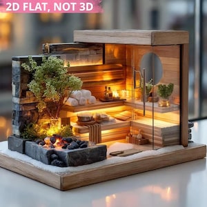 Adorno plano 2D de sauna nórdica, miniescena de baño de vapor de madera, acogedor adorno navideño de spa para amantes del bienestar.
