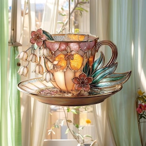 Lily Of The Valley Teacup ACRYLIC Suncatcher - Faux Stained Glass Window Hanging - Floral Afternoon Tea Cup Garden Decor