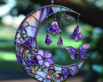 Moon and Butterfly Stained Glass Window Hanging - ACRYLIC Floral and Nature Decoration for Home and Garden