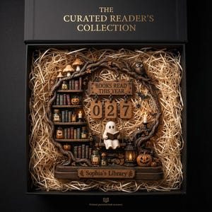May include: A black gift box labeled THE CURATED READER'S COLLECTION containing a wooden display with a bookshelf, a ghost reading a book, and a sign reading BOOKS READ THIS YEAR 027. The base is engraved with Sophia's Library and includes pumpkins.
