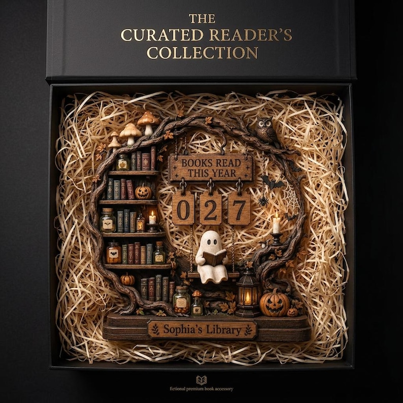 May include: A black gift box labeled THE CURATED READER'S COLLECTION containing a wooden display with a bookshelf, a ghost reading a book, and a sign reading BOOKS READ THIS YEAR 027. The base is engraved with Sophia's Library and includes pumpkins.