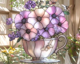 Floral Teacup ACRYLIC Faux Stained Glass Suncatcher, Window Hanging Decor, Gift for Tea Lovers, Colorful Flower Art