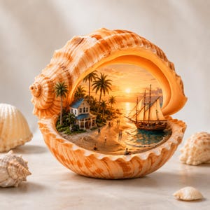 Puede incluir: Una gran concha abierta que revela una escena de playa en miniatura. La escena incluye una casa, palmeras, un velero y gente en la playa, todo bajo un cielo de atardecer. La concha es de color naranja cálido.