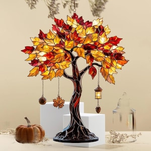 Farol de árbol otoñal de acrílico con vitrales falsos, atrapasol con hojas de otoño para colgar en la ventana, decoración rústica de cosecha, regalo acogedor para ella