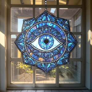 Stained Glass Evil Eye Suncatcher - Handmade Blue Glass Protection Window Hanging, Spiritual Home Decor