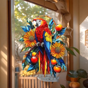 Colorful Parrot Suncatcher - Faux Stained Glass Window Hanging - Tropical Acrylic Decor, Handmade Sun Catcher, Gift Idea