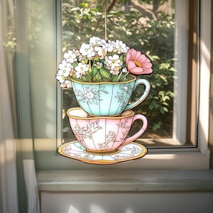 Floral Teacups Acrylic Suncatcher – Faux Stained Glass Window Hanging – Vintage Tea Party Decor, Garden Gift for Her