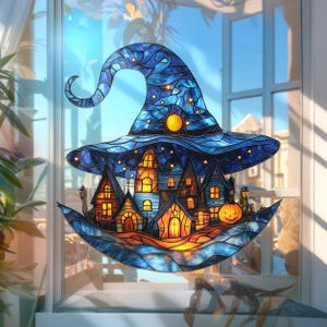 Witch Hat Village ACRYLIC Faux Stained Glass Suncatcher Halloween Window Hanging Spooky House Decor Gothic Gift For Her
