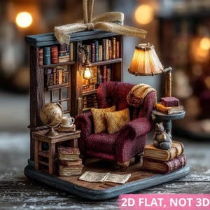Mini Buch Nook Szene 2D FLACH ORNAMENT, winziger Lesestuhl und Lampe Diorama, literarisches Geschenk für Schriftsteller und Bücherwürmer