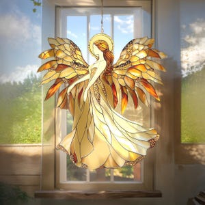 Golden Angel Acrylic Suncatcher - Faux Stained Glass Window Hanging - Spiritual Home Decor, Christmas Window Gift For Her