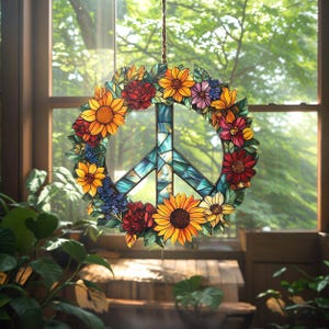 Kwiatowy znak pokoju Faux Glass Suncatcher, Vintage ozdoba symbolu pokoju do dekoracji, łapacz słońca do dekoracji domu, prezent dla mamy