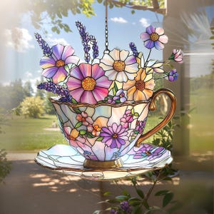 Teacup ACRYLIC Faux Stained Glass Suncatcher - Floral Window Hanging With Lavender And Daisies For Cottagecore Tea Lover Gift