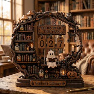 May include: A decorative wooden bookshelf display featuring a ghost figure sitting on a swing, a sign reading BOOKS READ THIS YEAR, and three hanging number tiles showing 027. The base is engraved with the text Sophia's Library, surrounded by miniature books, pumpkins, jars, and an owl.