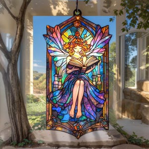 Lese Fee ACRYL Faux Glasmalerei Suncatcher Fenster hängend Fantasy Decor Geschenk für Buchliebhaber