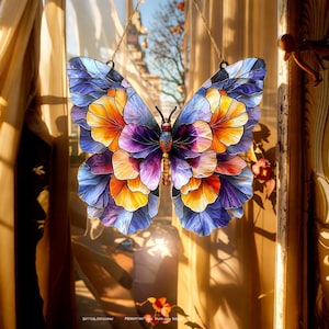 Floral Butterfly Suncatcher - Faux Stained Glass Window Hanging - Nature Inspired Acrylic Decor, Handmade Gift