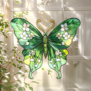 Green Butterfly, ACRYLIC Suncatcher, Faux Stained Glass, Window Hanging, Lily Flower Decor, Gift For Her
