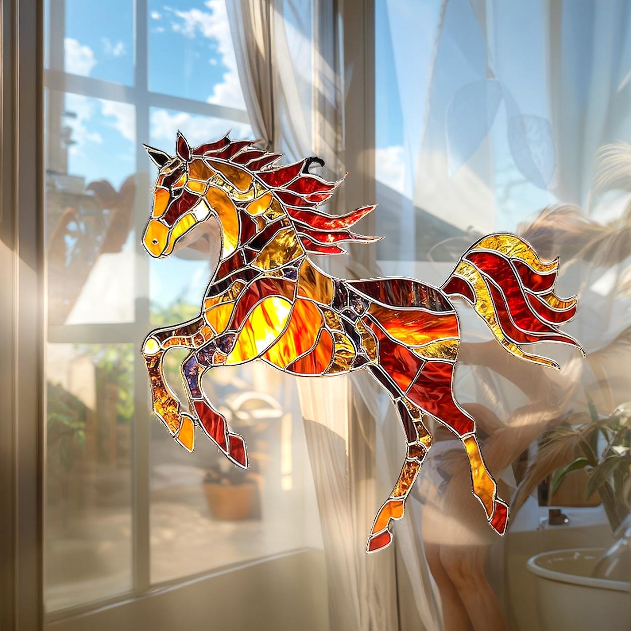 Vitrail Décoratif Carrousel Cheval – Faux Vitrail Vintage – Ornement Pour Porte Ou Décoration Murale