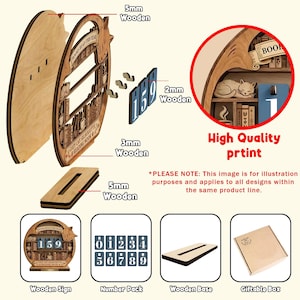 May include: A wooden book tracker sign featuring a cat silhouette, shelves with books, and a number pack. The sign is made of 5mm, 3mm, and 2mm thick wood components. It includes a rectangular wooden base and a giftable box for storage and display.