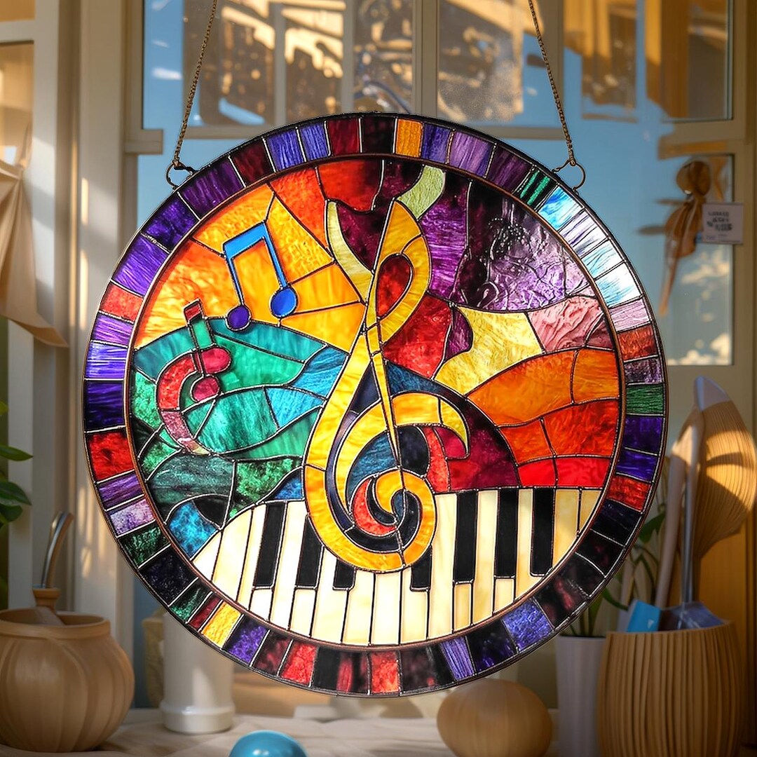 Musical Notes Faux Stained Glass Suncatcher - Piano and Treble Clef ...