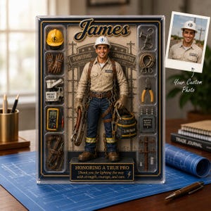 May include: A collectible action figure of a lineman named James, displayed in a clear plastic case with accessories including a hard hat, gloves, bucket truck, multimeter, and tools. The base features the text Honoring a True Pro.