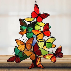 Colorful Butterfly Tree ACRYLIC Faux Stained Glass Suncatcher Nature Window Hanging Whimsical Home Decor Unique Gift