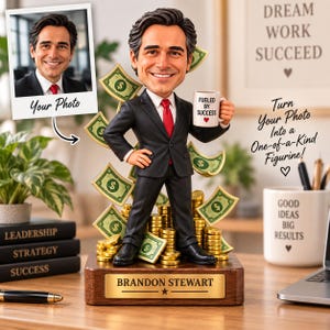 Peut inclure: Une figurine bobblehead personnalisée représentant un homme en costume noir et cravate rouge, tenant une tasse blanche avec l'inscription FUELED BY SUCCESS. La figurine repose sur un socle en bois marqué BRANDON STEWART, entourée de pièces d'or.