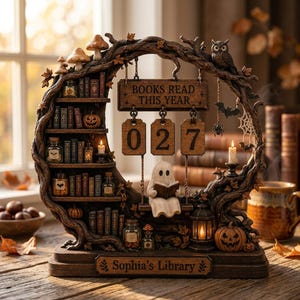 May include: A decorative wooden-style display featuring a crescent tree branch frame with shelves holding miniature books, jars, and pumpkins. A ghost sits on a swing below a sign reading BOOKS READ THIS YEAR 027. The base is labeled Sophia's Library.