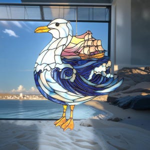 Seagull Ship Stained Glass Suncatcher - Beach Window Gift For Seafarer Or Sailor