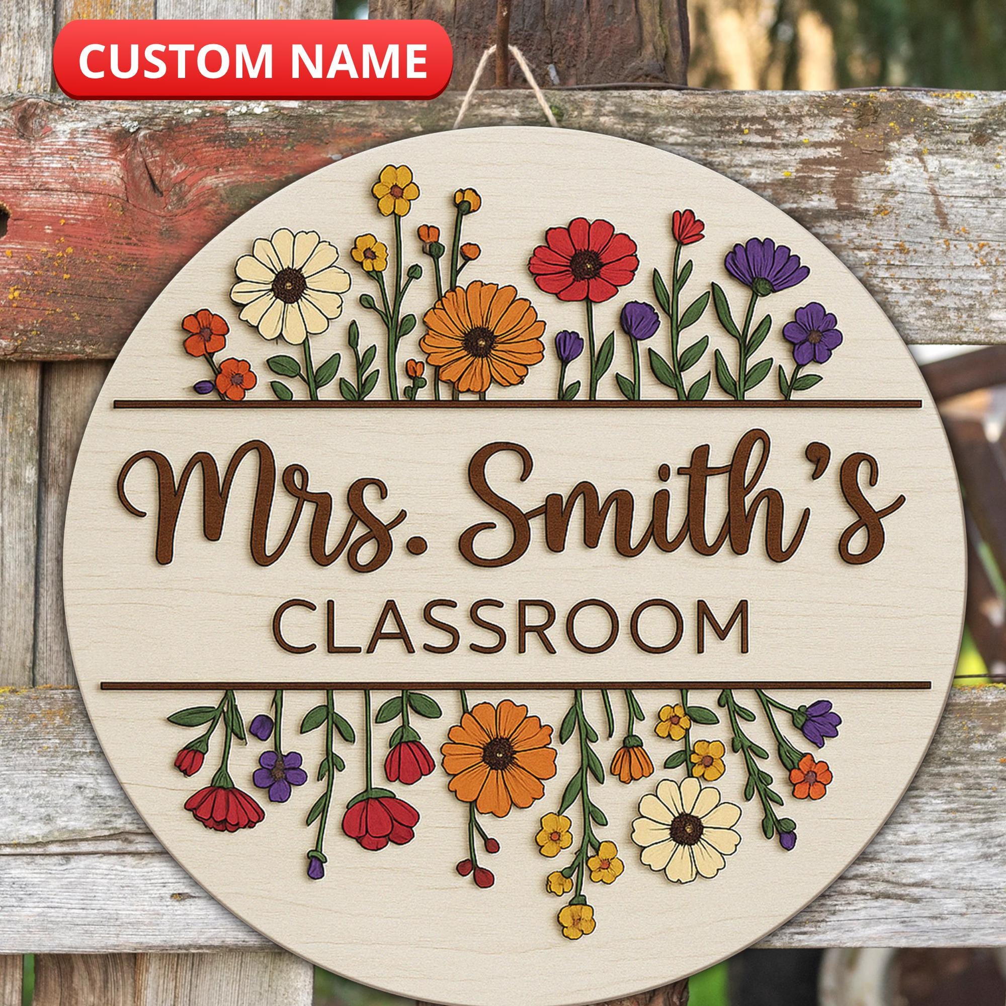 Personalized Teacher Name Sign Classroom Door Hanger Wildflower Teacher ...