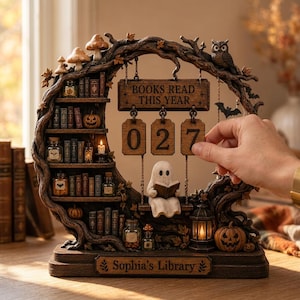 May include: A decorative wooden-style bookshelf display shaped like a crescent moon, featuring miniature books, jars, pumpkins, and a ghost on a swing. A sign reads BOOKS READ THIS YEAR with hanging number tiles. The base is labeled Sophia's Library.