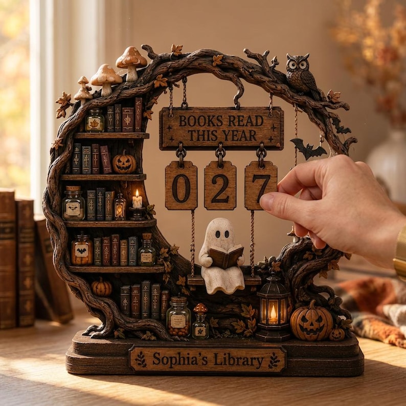 May include: A decorative wooden-style bookshelf display shaped like a crescent moon, featuring miniature books, jars, pumpkins, and a ghost on a swing. A sign reads BOOKS READ THIS YEAR with hanging number tiles. The base is labeled Sophia's Library.