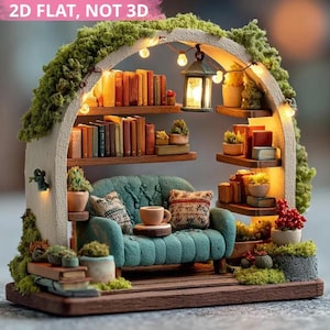 Mini Library Shelf 2D FLAT ORNAMENT, Cozy Book Nook Decor, Tiny Reading Scene Christmas Tree Ornament
