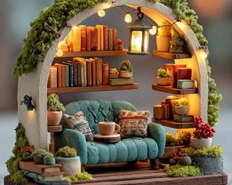 Mini Library Shelf 2D FLAT ORNAMENT, Cozy Book Nook Decor, Tiny Reading Scene Christmas Tree Ornament