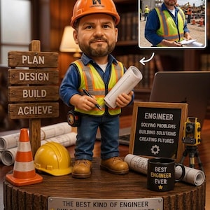 Bloco de madeira personalizado com foto de engenheiro, impresso em 2D, estatueta personalizada de trabalhador da construção civil, presente para engenheiro civil.