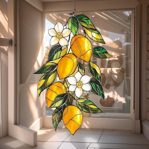 Lemon Branch Stained Glass Suncatcher – Fresh Fruit Window Hanging For Kitchen Or Summer Decor