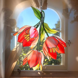 Floral Bell Lily Faux Stained Glass Suncatcher - Hanging Window Decor - Vibrant Flower Ornament for Home & Garden Gift