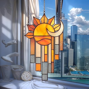Sun and Moon ACRYLIC Stained Glass Suncatcher, Celestial Boho Window Hanging, Spiritual Sun Catcher Gift Idea