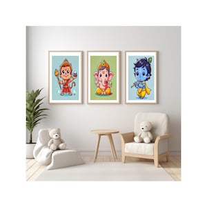 Décoration murale bébé Ganesh, Hanuman et Krishna | Impressions murales pour chambre de bébé | Art d'Asie du Sud| Desi Art| Déco chambre bébé | Décoration de dieux hindous